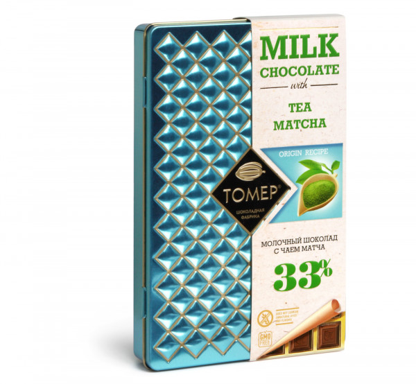№1 Фабрика Томер металлический бокс Молочный шоколад с чаем МАТЧА ,33%  90г в Архангельске