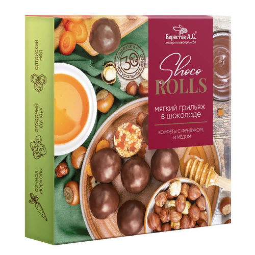 №2 Берестов Shoco Rolls конфеты с фундуком, цукатами моркови  и медом 135г  в Архангельске